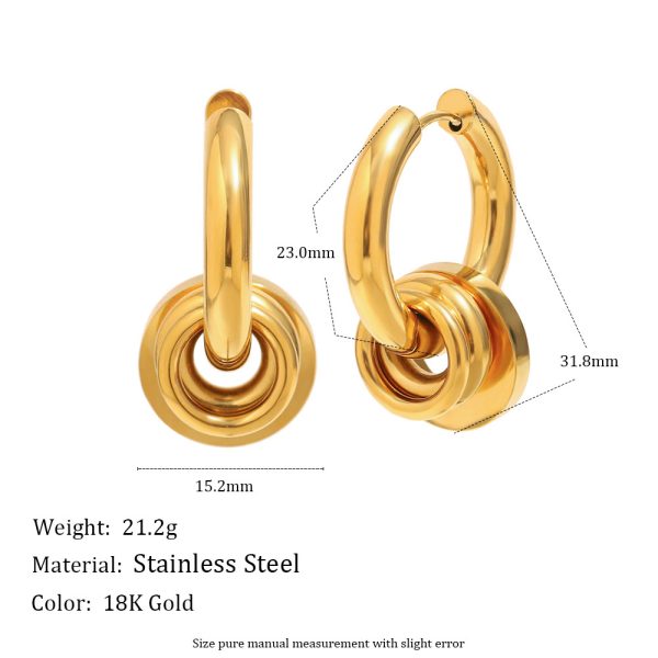 European and American fashion temperament niche geometric versatile earrings stainless steel plated 18K gold simple three ring pendant earrings for women - 图片 2