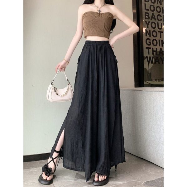 Chic high waisted new Chinese style casual pants for women in summer 2025 new style with loose straps and wide legs, slimming and gentle style skirt pants - 图片 3