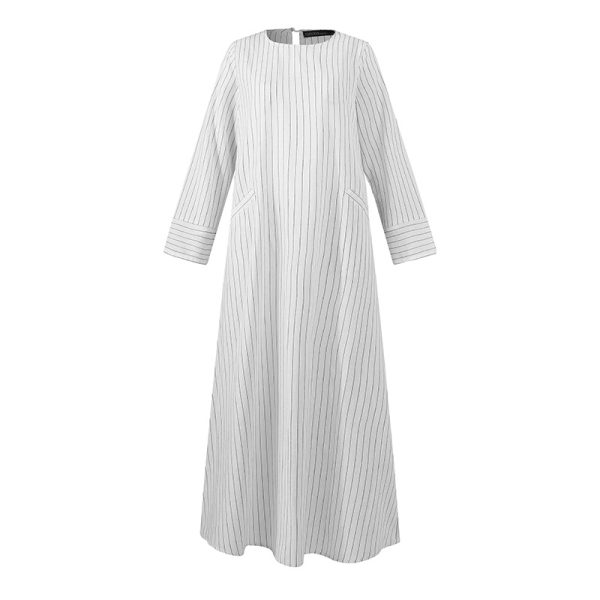 ファッション2023秋クロスボーダー商品源文芸カジュアルレトロ婦人服ストライプ綿麻丸首A字スカートワンピース - 图片 5