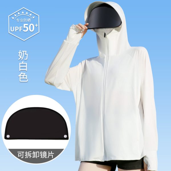 UVカット女性アイスシルク夏の紫外線対策アウトドア薄タイプ通気取り外し大つば付きキャップミディアム丈コート - 图片 2