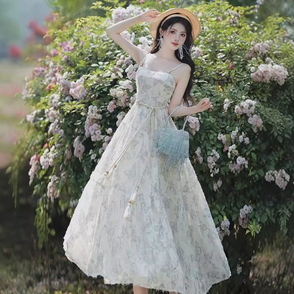 New real shot coffee break French salty and sweet suspender seaside resort beach skirt set with belt - 图片 4