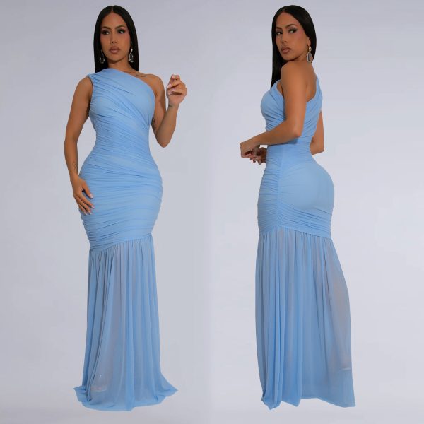 C 7370越境即売通アマゾン欧米ファッション婦人服気質斜め肩セクシー透視純色ワンピース - 图片 4