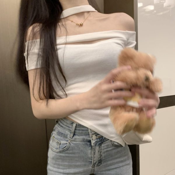 ZY - Spice girl pure lust style halterneck cut-out off-the-shoulder cropped T-shirt women's design scheming tight base top - 图片 5