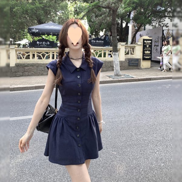新型韓国版学生ポロネックワンピースアメリカンギャルスレンダースリムスカート夏袖なしシャツスカート - 图片 2