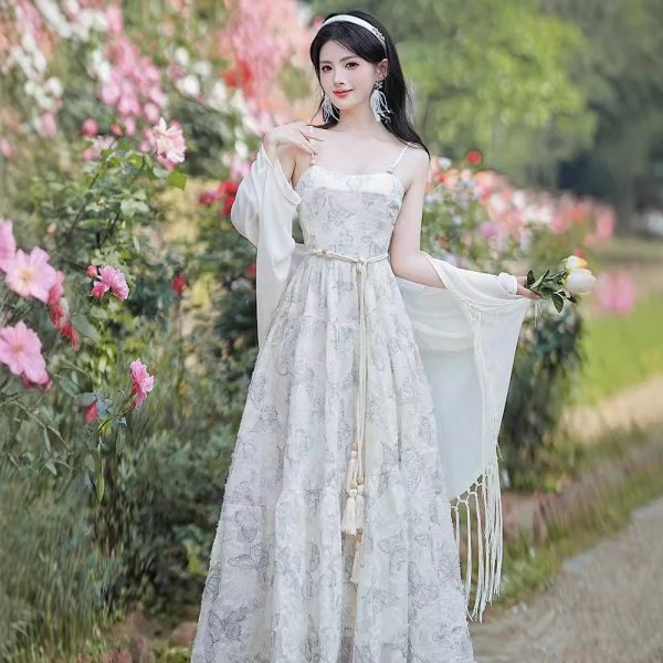 New real shot coffee break French salty and sweet suspender seaside resort beach skirt set with belt - 图片 2