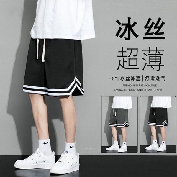 American mesh breathable sports basketball shorts men's trendy brand outer wear summer ice silk training cropped pants plus size