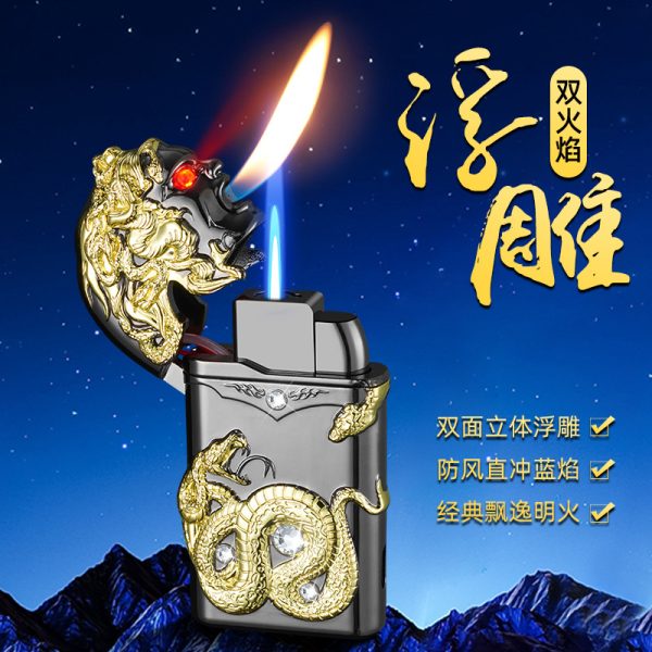 Debang personality new windproof straight blue flame double flame Medusha lighter double-sided three-dimensional relief with light