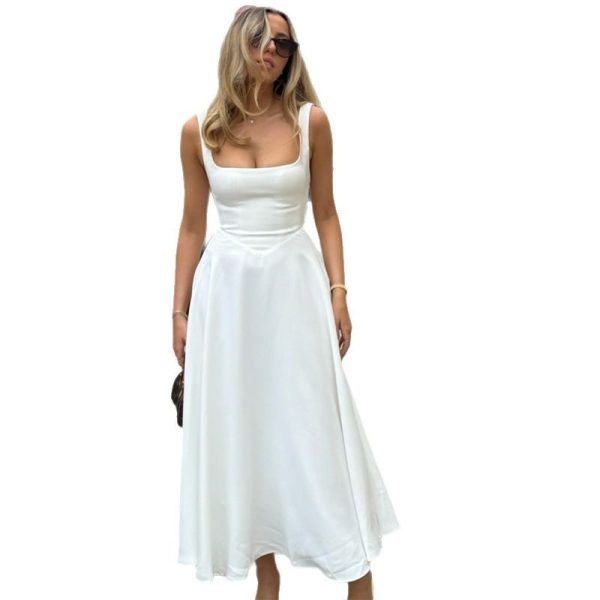 対外貿易アマゾン2025夏新型欧米婦人服気質スクエアネックノースリーブウエストキャミソールワンピース女 - 图片 5