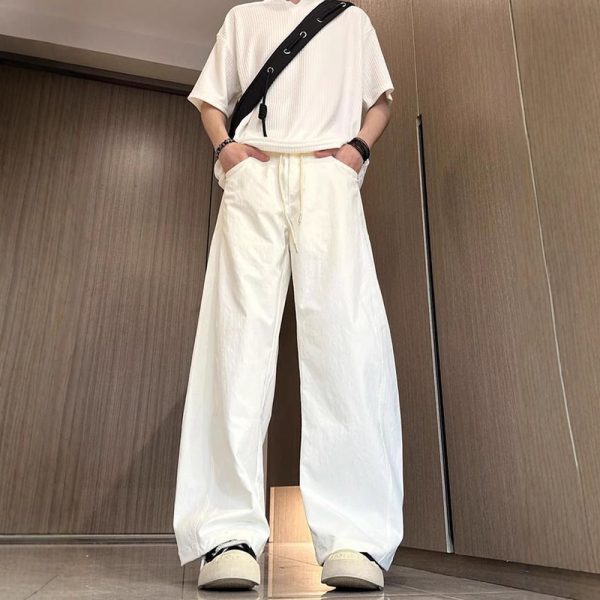 American diagonal casual pants, men's spring and summer trendy high street scimitar pants, plus size loose straight leg wide-leg long pants