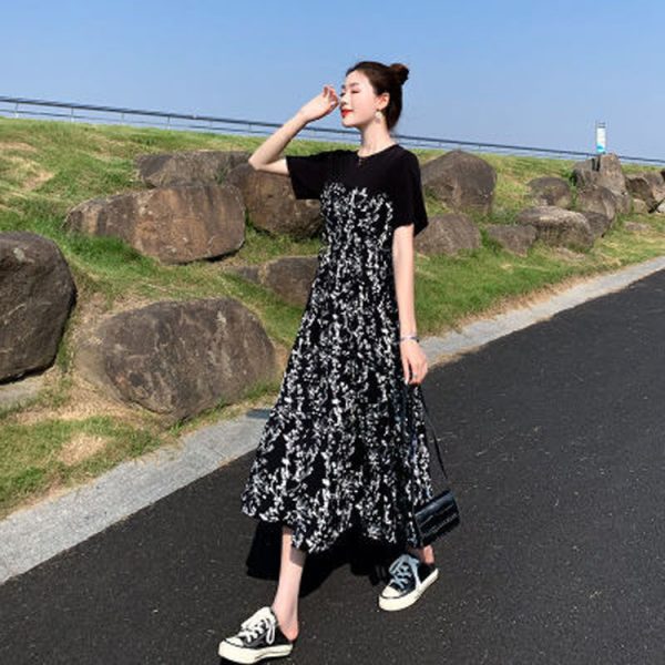 ワンピース女2025サマールック新型ヘボン風ミディアム丈花柄スカート気質ハイウエストスリム半袖ロングスカート - 图片 3