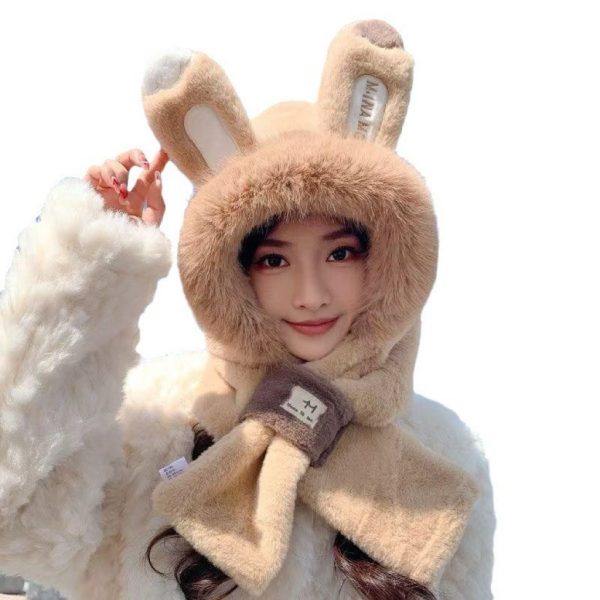 Little Bunny Ears Hat Scarf All-in-One Hat Women's Winter Plush 2024 New Neck Fluffy Two Piece Set - 图片 5