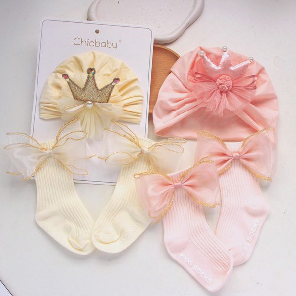 Baby Hat Korean Version Female Baby Candy Bow Middle Sock Set Newborn One Year and One Month Gift Set - 图片 2
