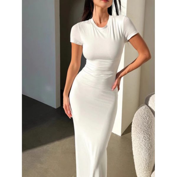 越境アマゾン欧米婦人服2025春夏対外貿易純色バッグヒップ気質修身半袖ファッションワンピース