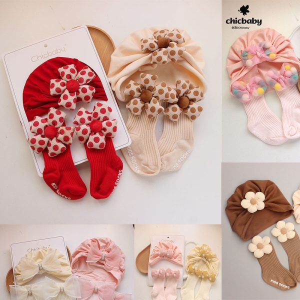 Baby Hat Korean Version Female Baby Candy Bow Middle Sock Set Newborn One Year and One Month Gift Set