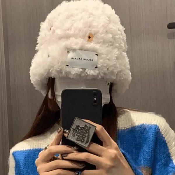 2023款百搭纽扣帽子女秋冬季毛绒帽保暖渔夫帽冷帽大头围毛线盆帽 - 图片 4