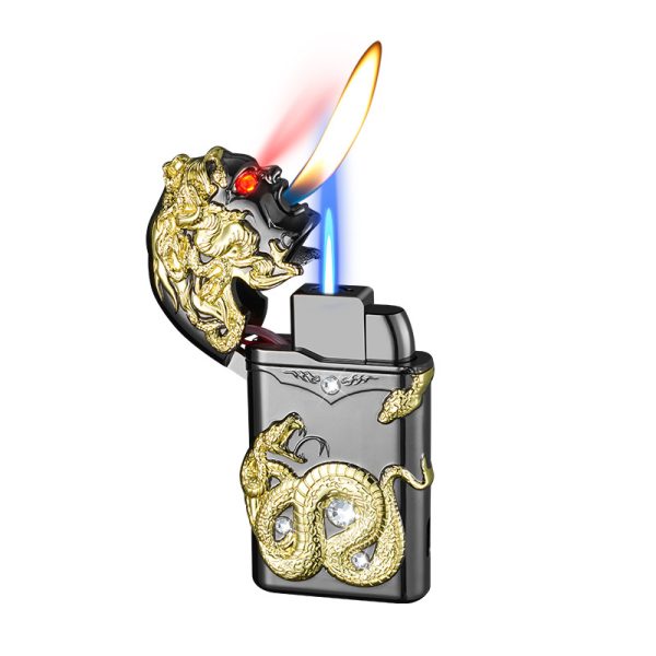 Debang personality new windproof straight blue flame double flame Medusha lighter double-sided three-dimensional relief with light - 图片 5