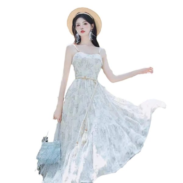 New real shot coffee break French salty and sweet suspender seaside resort beach skirt set with belt - 图片 5