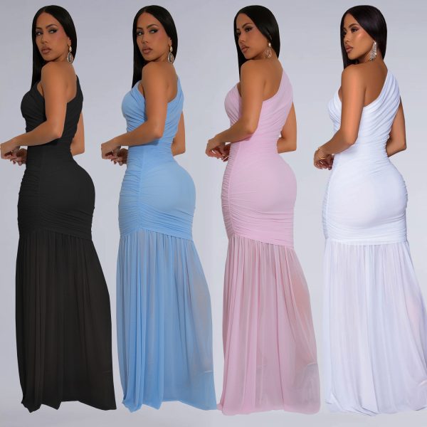 C 7370越境即売通アマゾン欧米ファッション婦人服気質斜め肩セクシー透視純色ワンピース - 图片 2