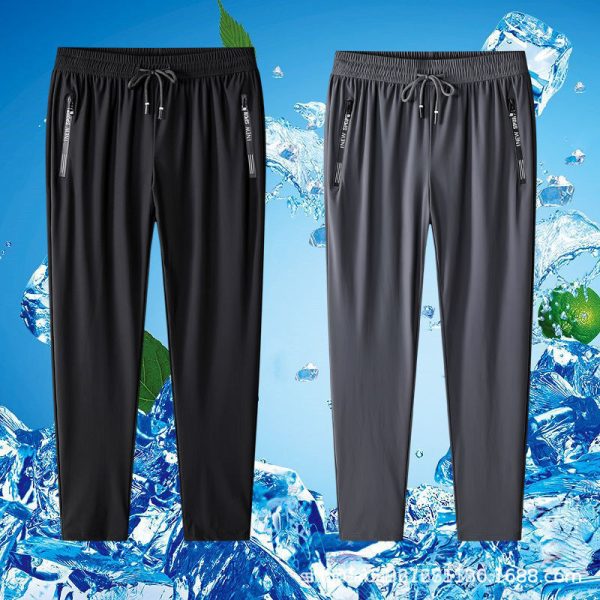 Ice silk slacks men's summer thin drape, quick-drying cool trousers, plus size straight stretch running sweatpants