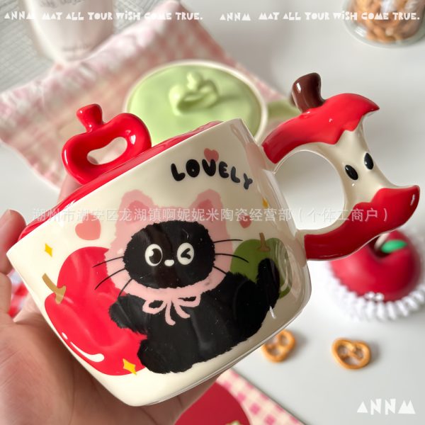誕生日プレゼント猫のリンゴ陶磁器カップマグカップ蓋付きお土産カップル水杯クリスマス水飲みカップ - 图片 3