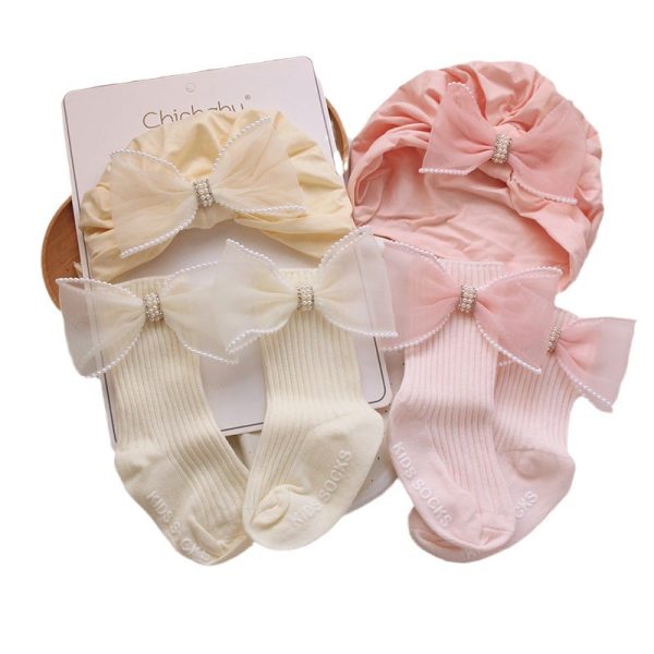 Baby Hat Korean Version Female Baby Candy Bow Middle Sock Set Newborn One Year and One Month Gift Set - 图片 5