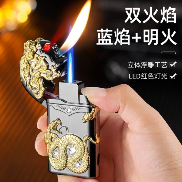 Debang personality new windproof straight blue flame double flame Medusha lighter double-sided three-dimensional relief with light - 图片 4