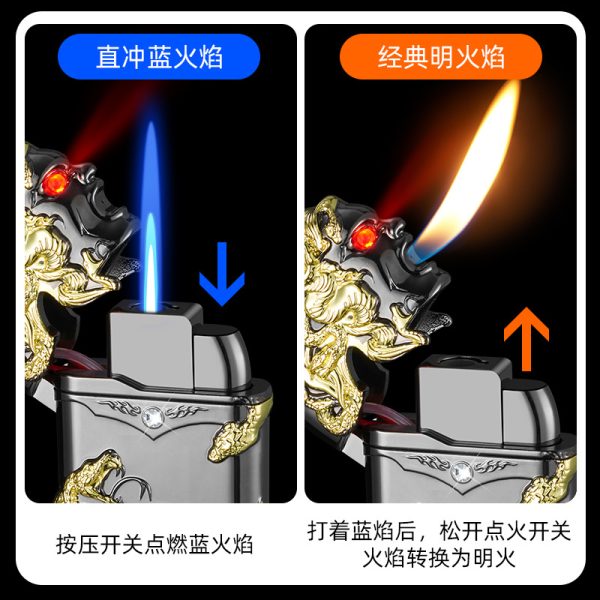 Debang personality new windproof straight blue flame double flame Medusha lighter double-sided three-dimensional relief with light - 图片 3