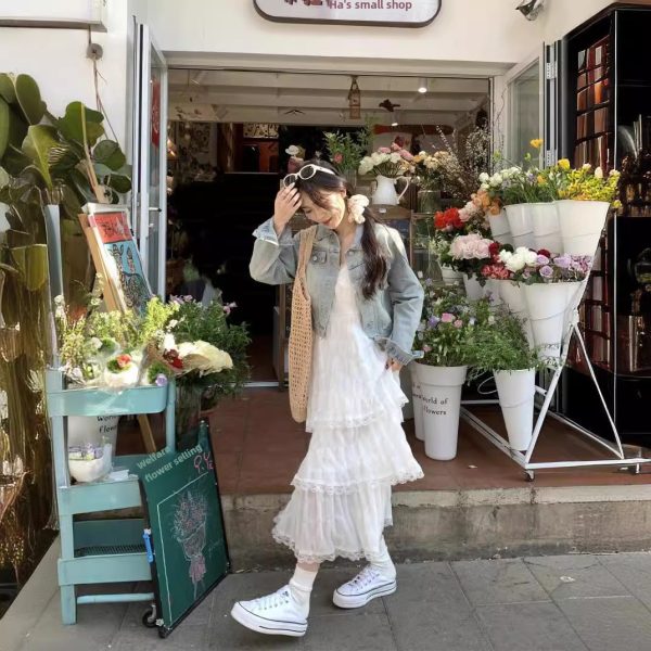 Sweet age reduction white french slip dress women's summer resort style small man loose cake long skirt - 图片 3