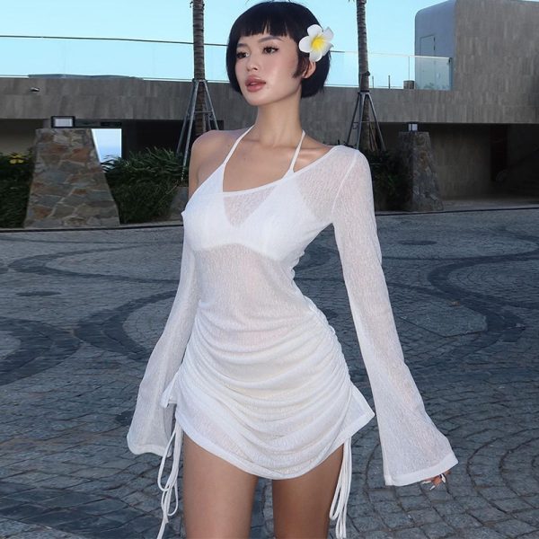 欧米風婦人服2025秋の新作純欲ギャル風斜め肩長袖セクシーシースループリーツワンピース - 图片 3