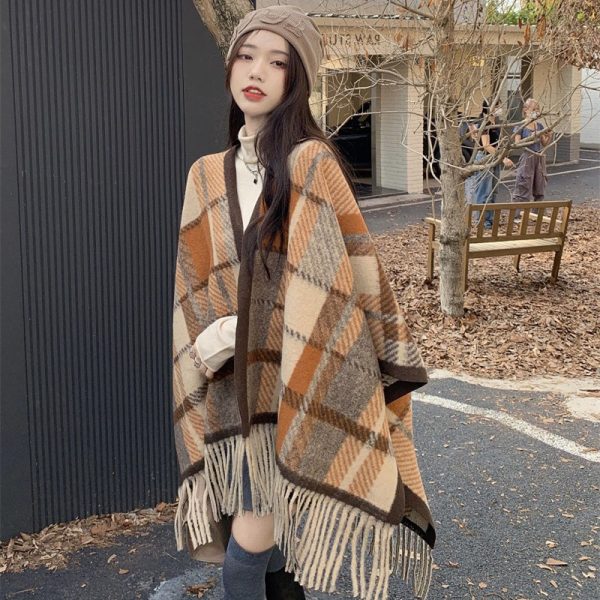 韓国の新型カシミヤエアコンを模したストール女性用外掛け網赤マント秋冬ミニレトロチェック保温マフラー