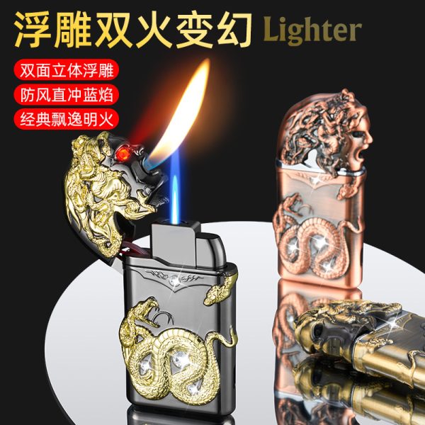 Debang personality new windproof straight blue flame double flame Medusha lighter double-sided three-dimensional relief with light - 图片 2