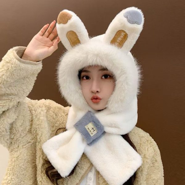 Little Bunny Ears Hat Scarf All-in-One Hat Women's Winter Plush 2024 New Neck Fluffy Two Piece Set - 图片 3