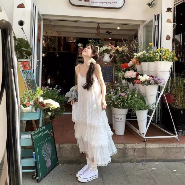 Sweet age reduction white french slip dress women's summer resort style small man loose cake long skirt - 图片 2