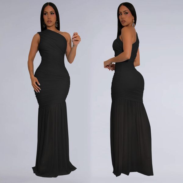 C 7370越境即売通アマゾン欧米ファッション婦人服気質斜め肩セクシー透視純色ワンピース - 图片 3