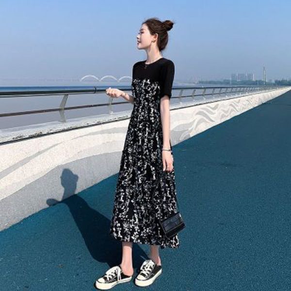 ワンピース女2025サマールック新型ヘボン風ミディアム丈花柄スカート気質ハイウエストスリム半袖ロングスカート