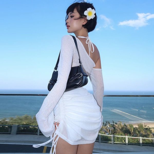 欧米風婦人服2025秋の新作純欲ギャル風斜め肩長袖セクシーシースループリーツワンピース - 图片 4