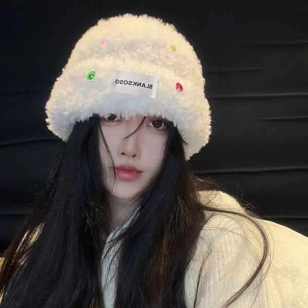 2023款百搭纽扣帽子女秋冬季毛绒帽保暖渔夫帽冷帽大头围毛线盆帽