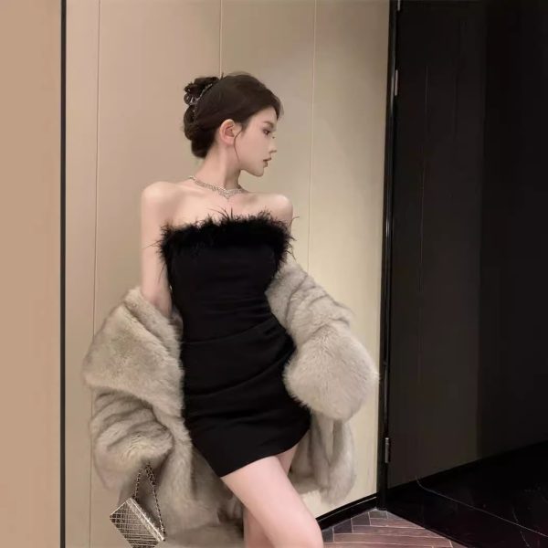御姉様風高級絶美超美しい毛皮の胸拭き一文字肩ワンピース修身バッグ尻の小礼スカート春 - 图片 4