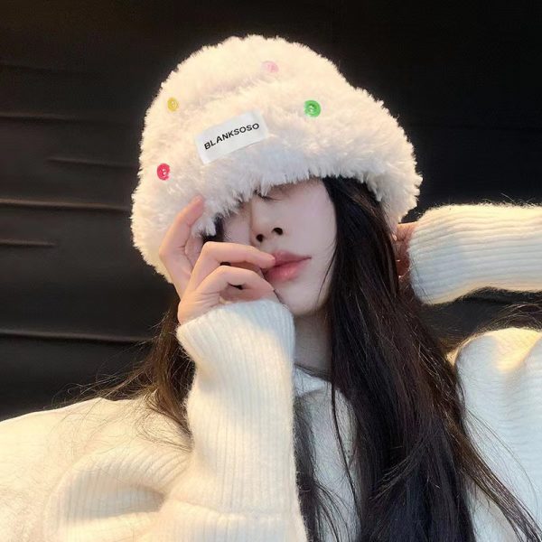 2023款百搭纽扣帽子女秋冬季毛绒帽保暖渔夫帽冷帽大头围毛线盆帽 - 图片 2