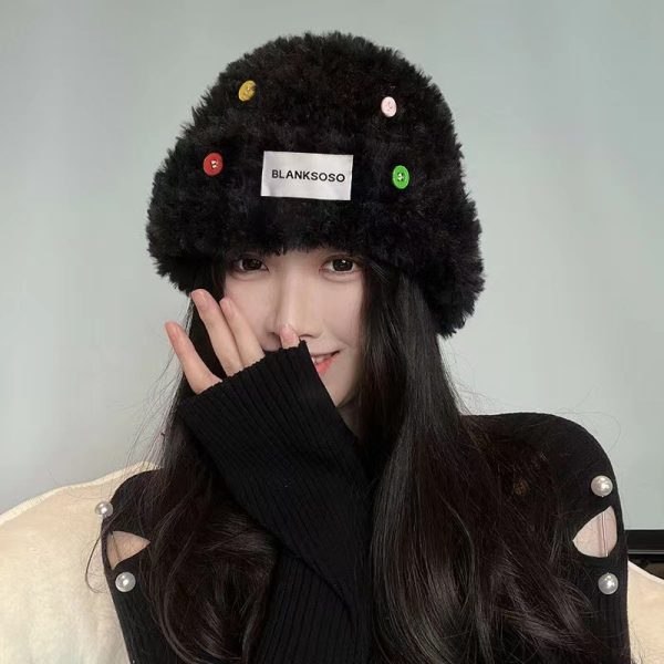 2023款百搭纽扣帽子女秋冬季毛绒帽保暖渔夫帽冷帽大头围毛线盆帽 - 图片 3